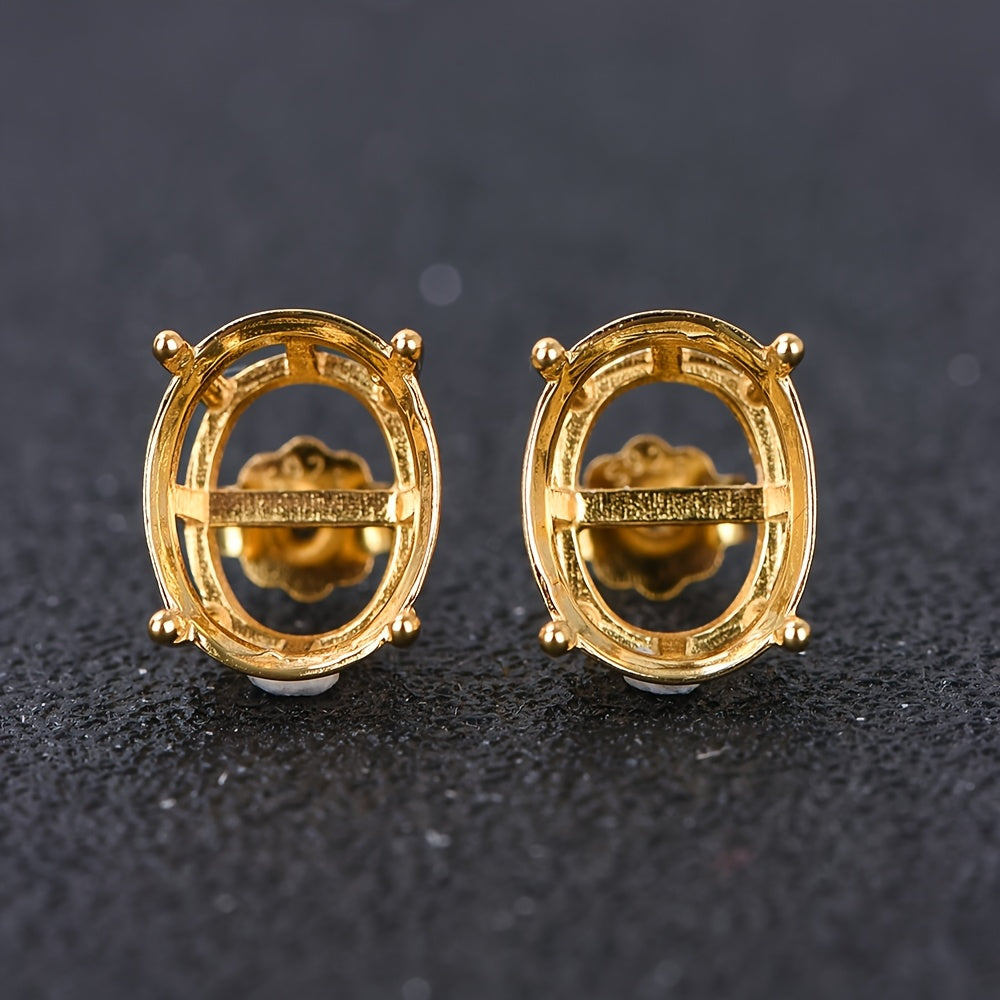 1 Pair Oval 4-Prong Silvery Golden Rose Golden Color Solid 925 Sterling Silvery Stud Earring Settings DIY Jewelry Supplies, Jewelry Making
