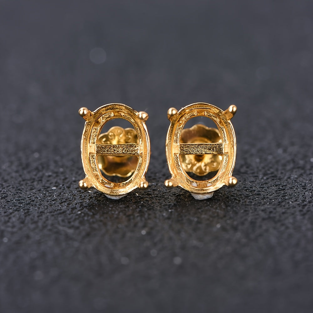 1 Pair Oval 4-Prong Silvery Golden Rose Golden Color Solid 925 Sterling Silvery Stud Earring Settings DIY Jewelry Supplies, Jewelry Making