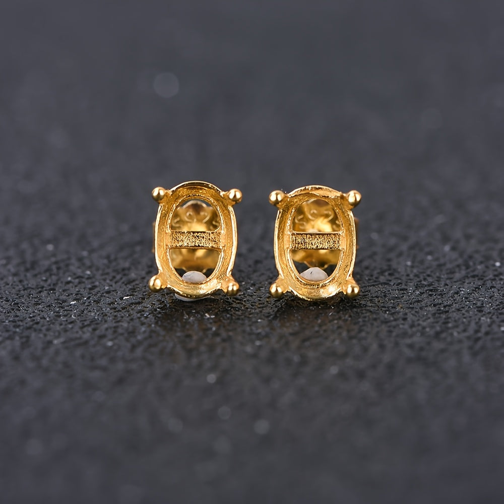 1 Pair Oval 4-Prong Silvery Golden Rose Golden Color Solid 925 Sterling Silvery Stud Earring Settings DIY Jewelry Supplies, Jewelry Making
