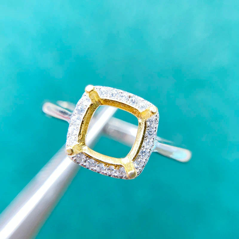 Square S925 Sterling Silver, 18K Gold Plated Ring Setting, Unset, For Women