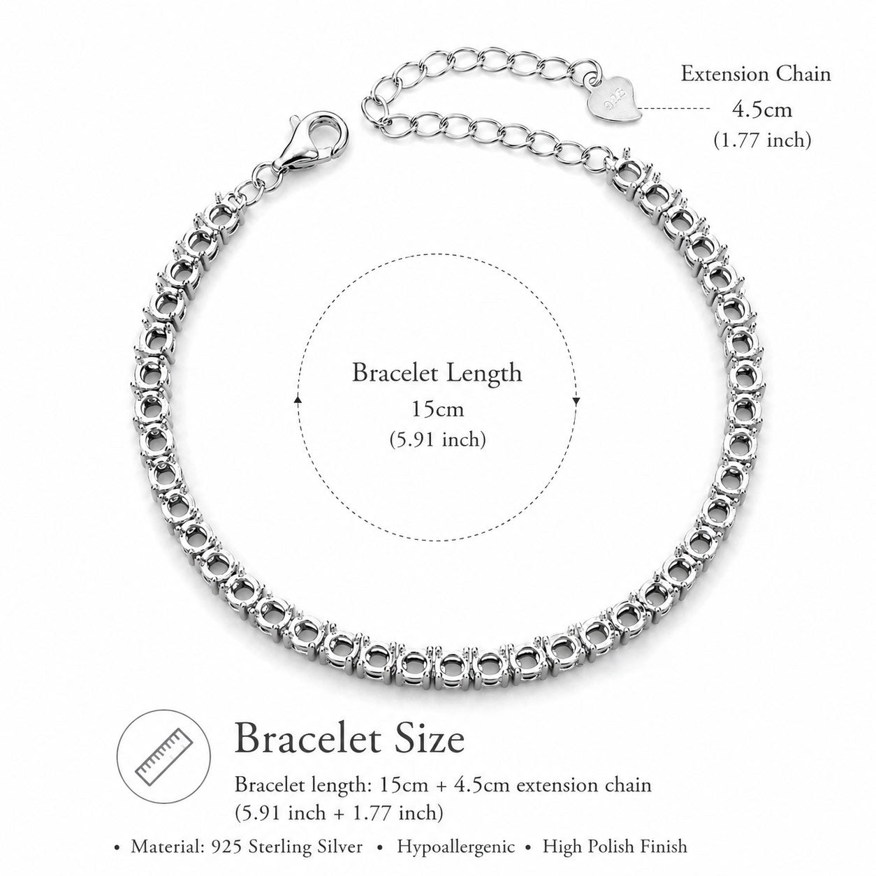 3mm Round Tennis Bracelet Setting S925 Sterling Silver for DIY Jewelry Making