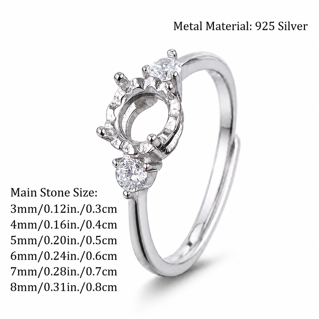 Front view of 3mm-9mm round four-prong S925 sterling silver ring setting