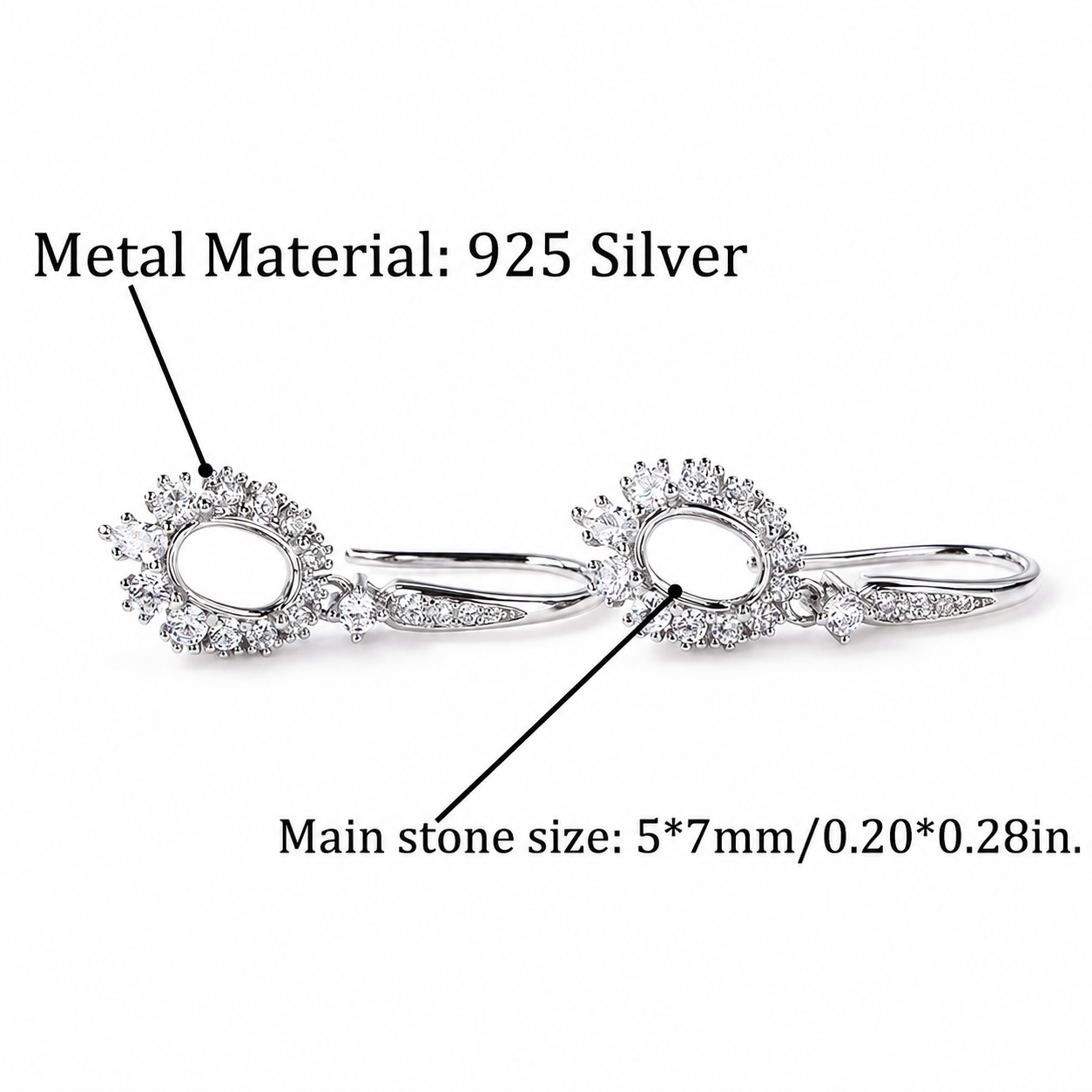 5×7mm Oval Dangle Earring Setting S925 Sterling Silver for DIY Jewelry Making