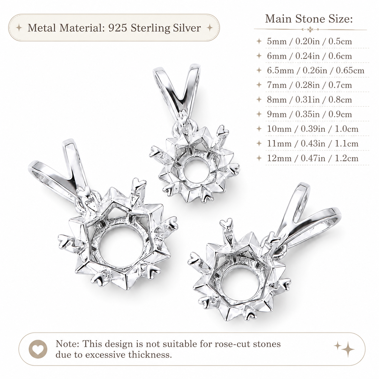 Front View of Snowflake Pendant Setting in S925 Sterling Silver