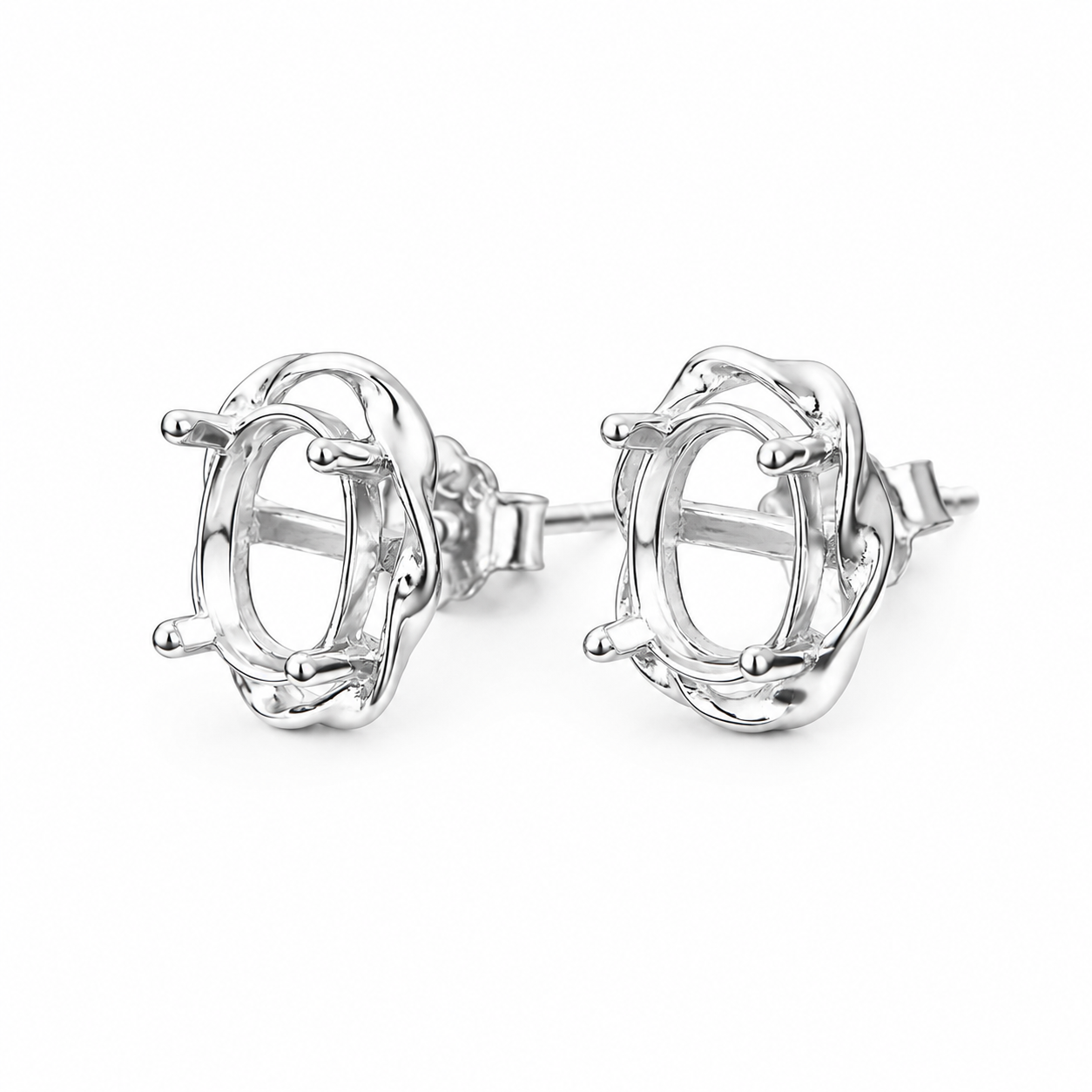 Front View of 5×7mm Oval Wave Stud Earring Setting