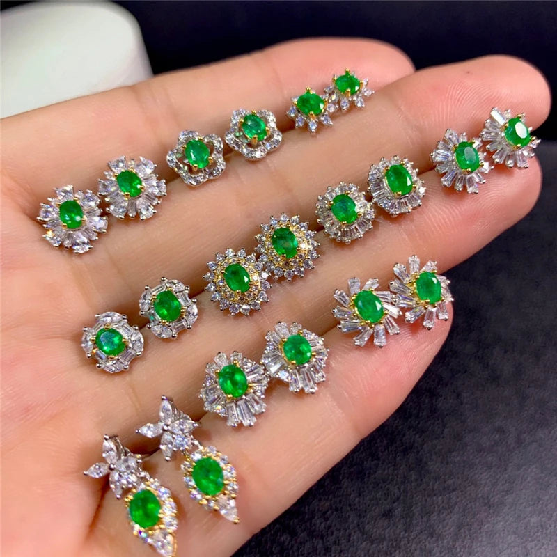 Weatiapo Natural Emerald Stud Earrings 925 Sterling Silver Earrings Delicate Woman Earrings