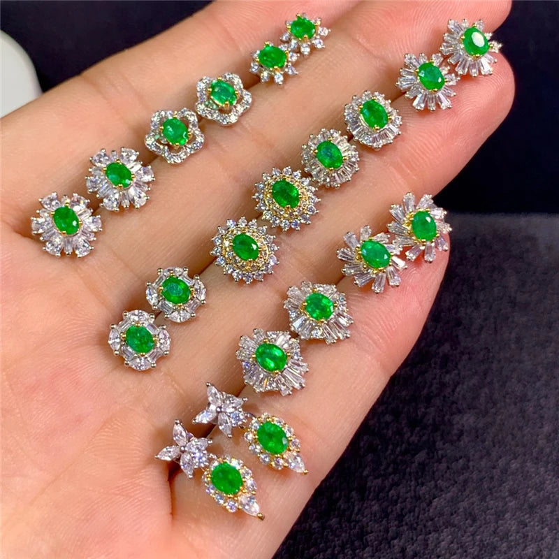 Weatiapo Natural Emerald Stud Earrings 925 Sterling Silver Earrings Delicate Woman Earrings