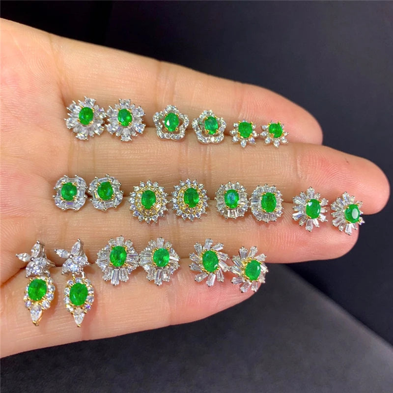 Weatiapo Natural Emerald Stud Earrings 925 Sterling Silver Earrings Delicate Woman Earrings