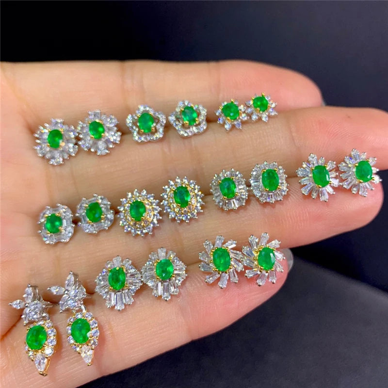 Weatiapo Natural Emerald Stud Earrings 925 Sterling Silver Earrings Delicate Woman Earrings