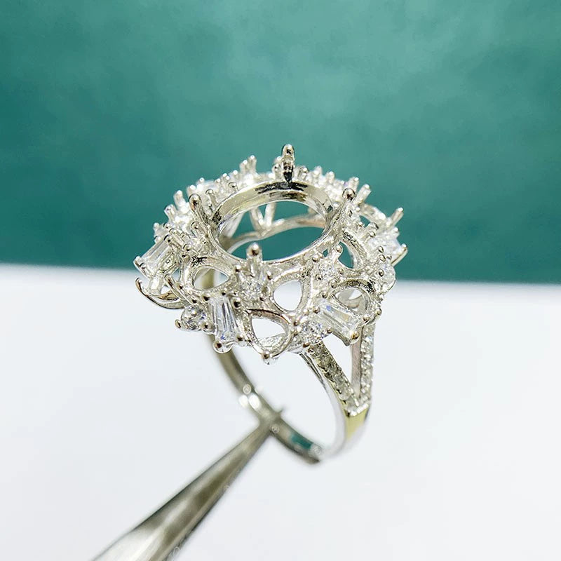 8×10mm Oval & 3×4mm Teardrop S925 Silver Adjustable Cluster Ring Setting for Gemstone Mounting