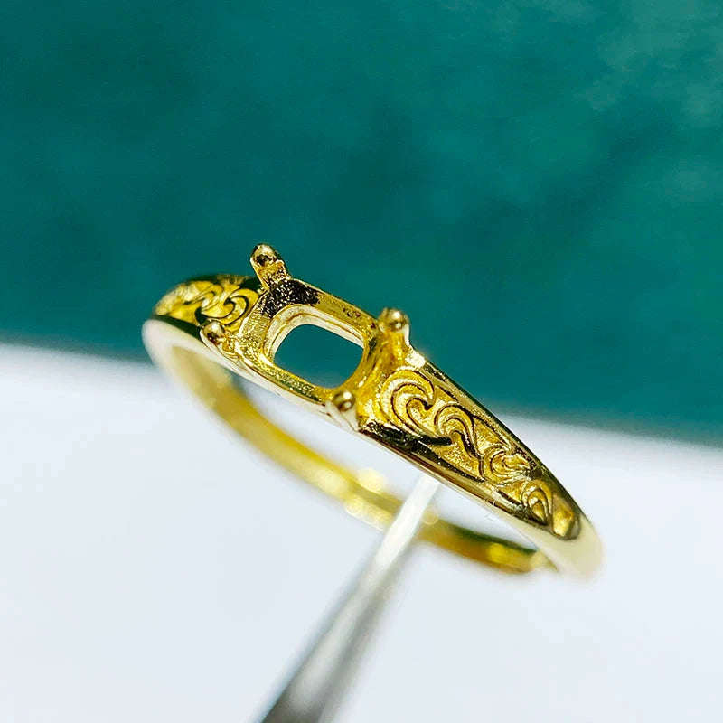 Chunky Cushion 4×5 mm S925 Sterling Silver Ring Setting, Adjustable, Unset, For Women, Vintage Style, Niche Design