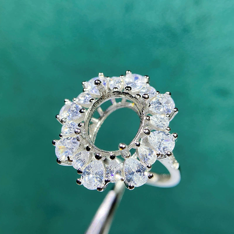 8×10mm Oval & 3×4mm Teardrop S925 Silver Adjustable Cluster Ring Setting for Gemstone Mounting