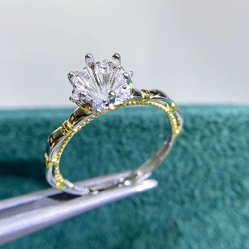 6 mm S925 Sterling Silver, 18K Gold Plated Ring Setting, Adjustable, Unset, For Women