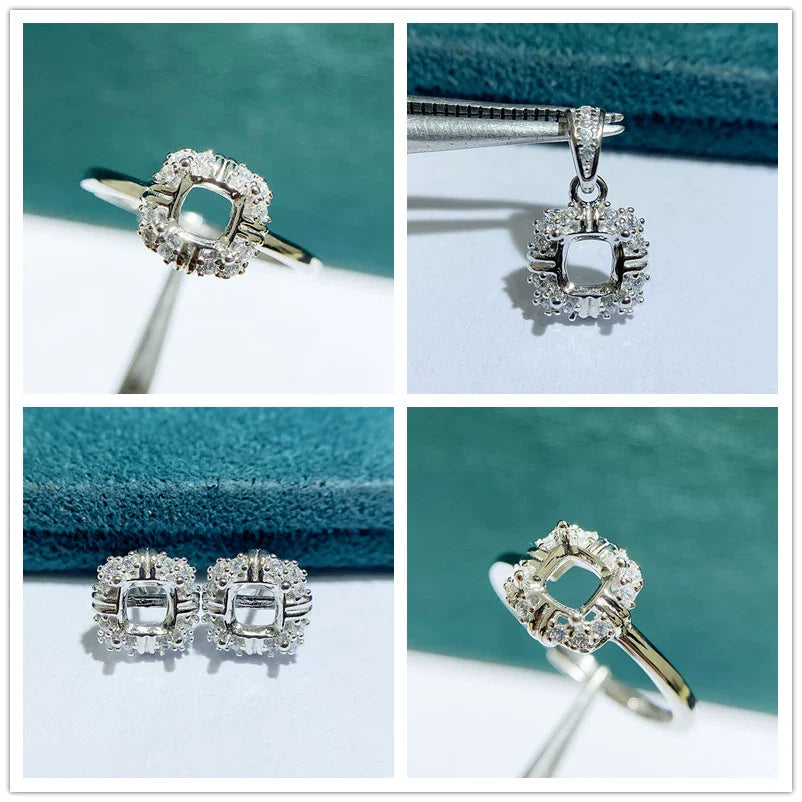 S925 Sterling Silver Square, Cushion 5×5 mm Earring Setting for DIY Jewelry Making