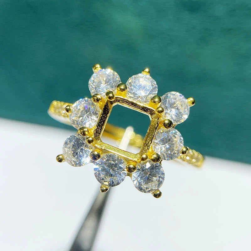 Square 6×6 mm S925 Sterling Silver Ring Setting, Adjustable, Unset, For Women, Fashion Style