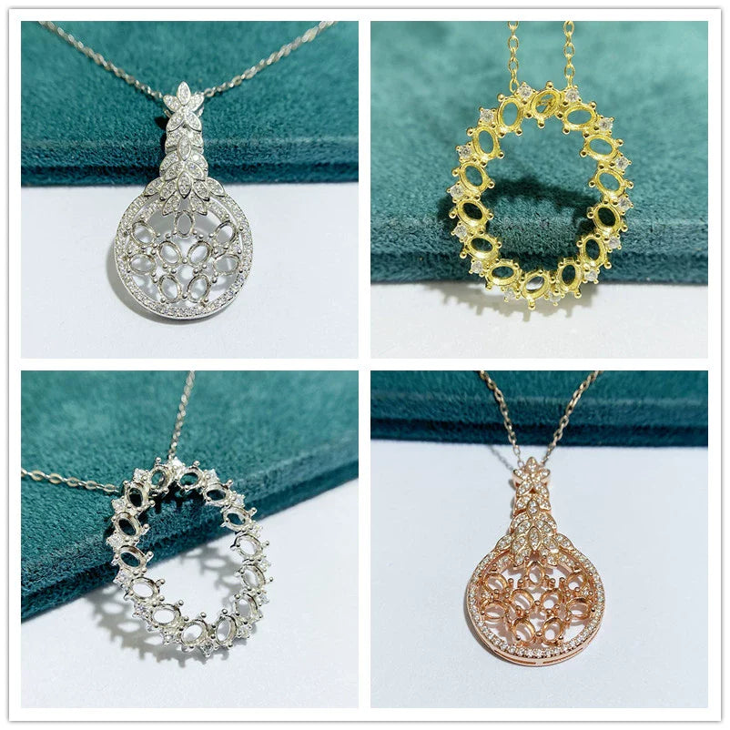 Oval 3×4 mm S925 Sterling Silver Pendant Setting, Unset, For Women, Cluster Setting