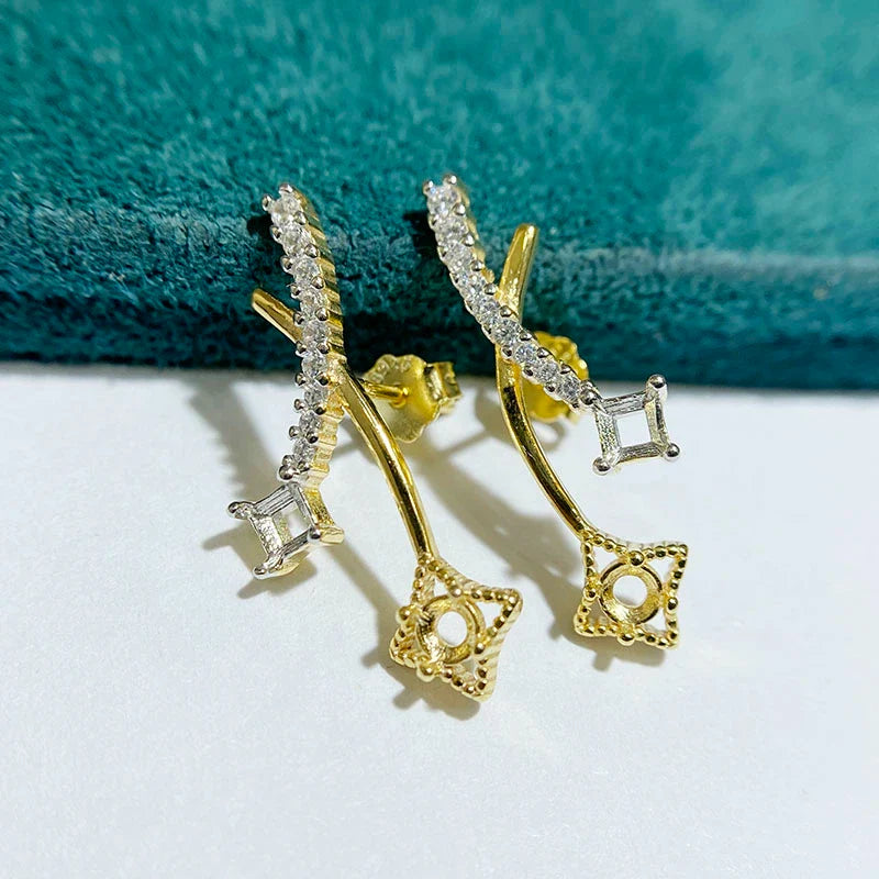 Square S925 Sterling Silver Earring Setting, Unset, For Women, Fashion Style