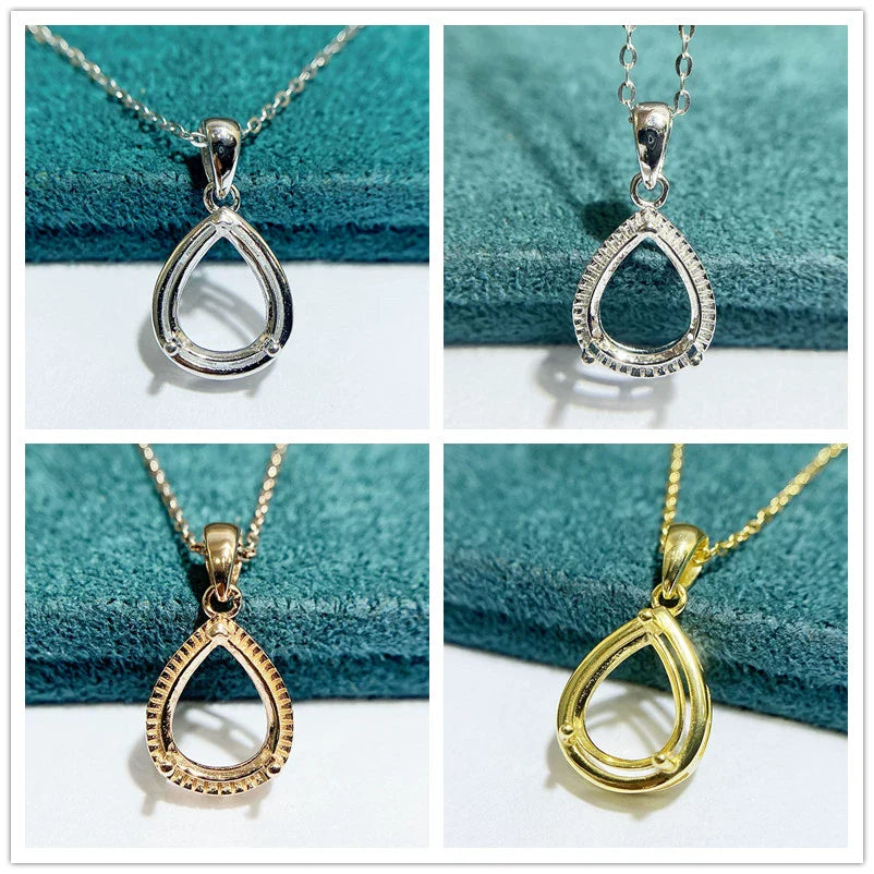 S925 Sterling Silver Pear 8×10 mm Pendant Setting for DIY Jewelry Making