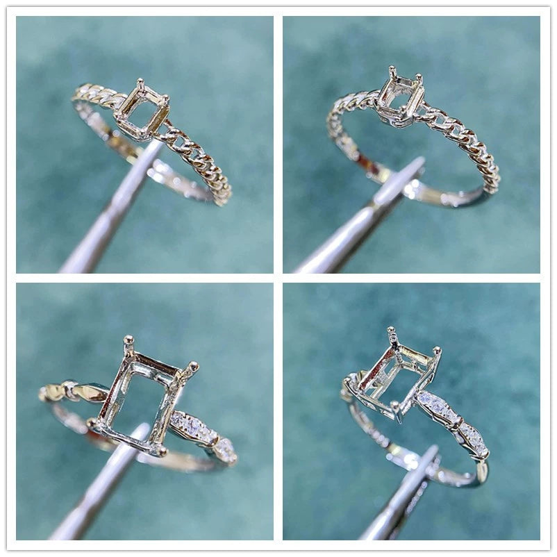 3×4mm / 6×8mm / 7×9mm Rectangular S925 Silver Adjustable Ring Setting for Gemstone Mounting