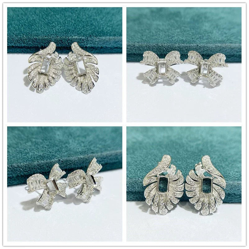 S925 Sterling Silver Square, Bowknot 4×6 mm Earring Setting for DIY Jewelry Making