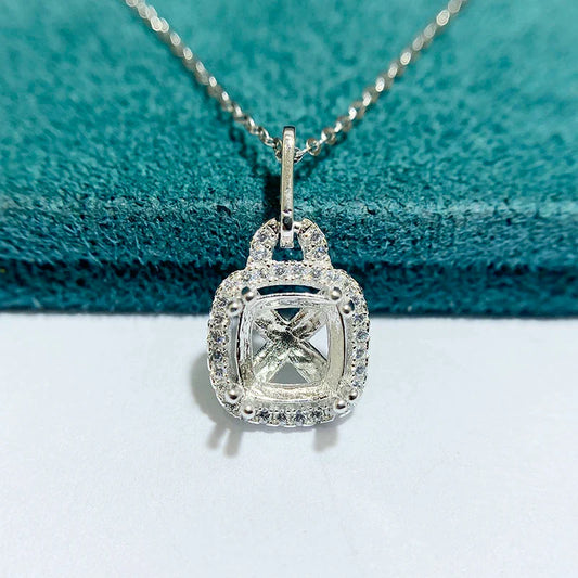 S925 Sterling Silver Square, Cushion 7×7 mm Pendant Setting for DIY Jewelry Making
