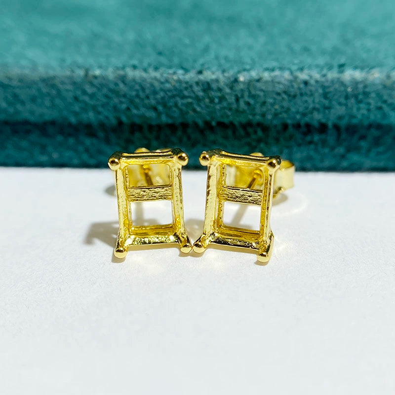 3×4 / 4×6 / 5×7 / 6×8mm Rectangular S925 Silver Stud Earring Settings, Simple Prong Design