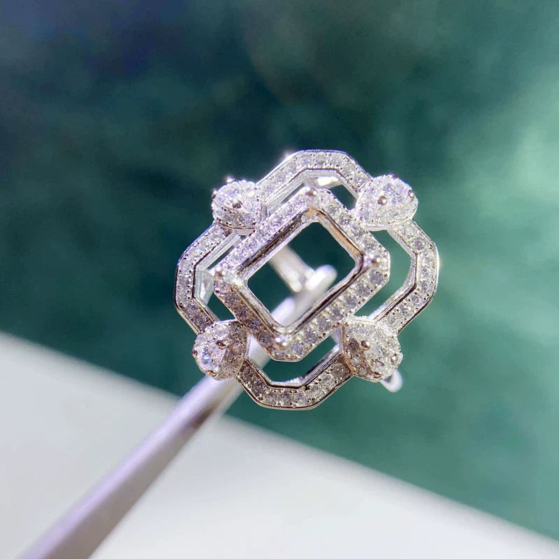 Rectangle 6×8 mm / 4×6 mm S925 Sterling Silver Jewelry Setting Set, Ring / Pendant / Earring, Adjustable, Unset, For Women