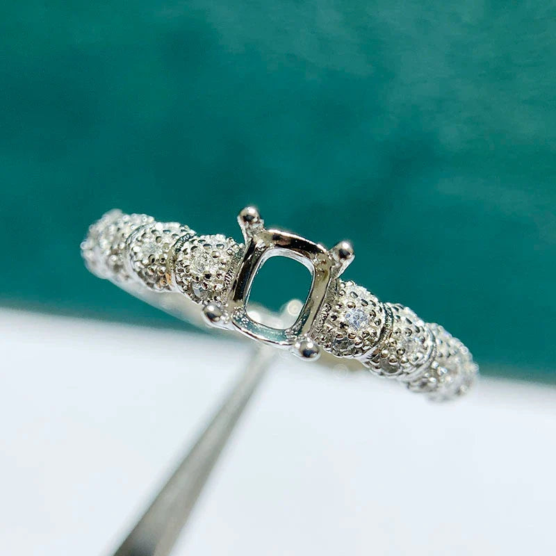 Chunky Cushion 4×5 mm S925 Sterling Silver Ring Setting, Adjustable, Unset, For Women, Vintage Style, Niche Design