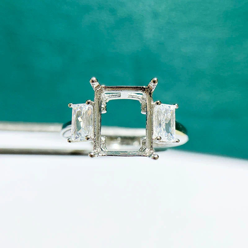 Rectangle 8×10 mm S925 Sterling Silver Ring Setting, Adjustable, Unset, For Women