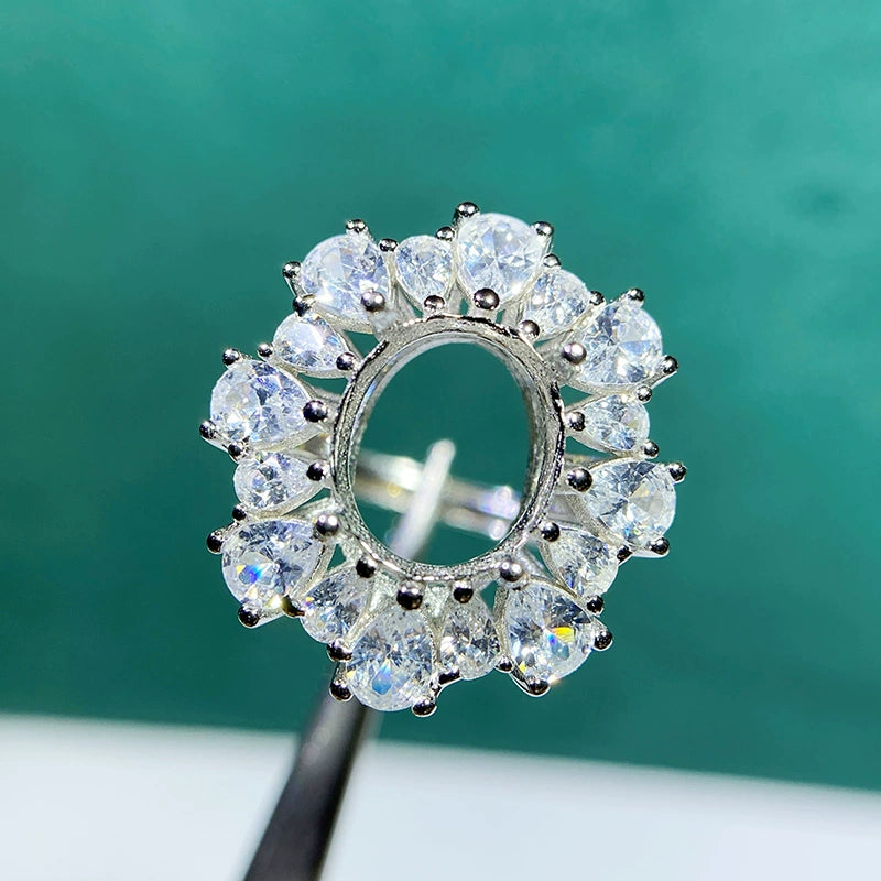 8×10mm Oval & 3×4mm Teardrop S925 Silver Adjustable Cluster Ring Setting for Gemstone Mounting