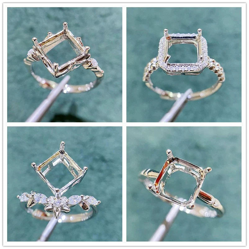 S925 Sterling Silver Square 8 mm Ring Setting for DIY Jewelry Making