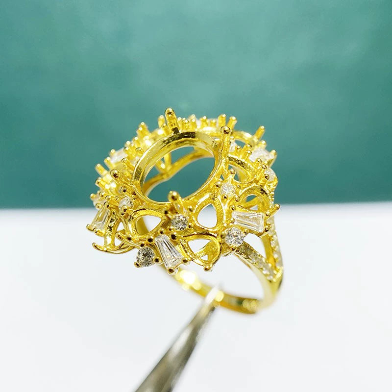 8×10mm Oval & 3×4mm Teardrop S925 Silver Adjustable Cluster Ring Setting for Gemstone Mounting