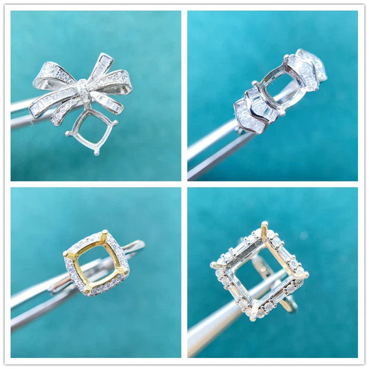 S925 Sterling Silver Square, Cushion 7 mm, 10 mm Ring Setting for DIY Jewelry Making