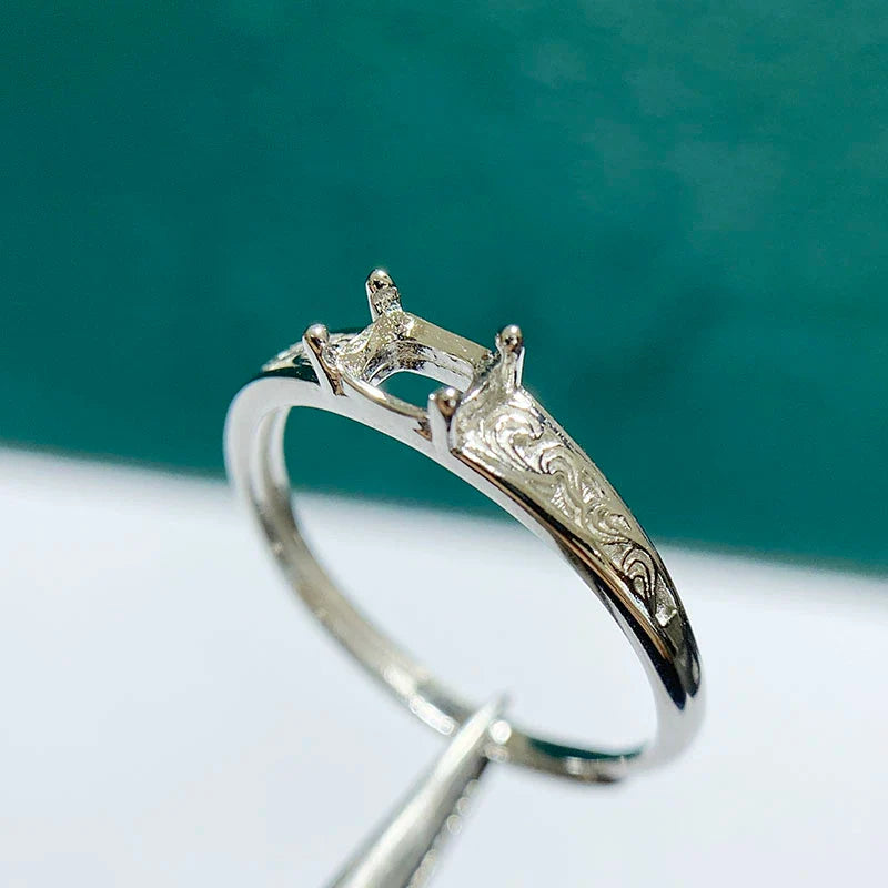 Chunky Cushion 4×5 mm S925 Sterling Silver Ring Setting, Adjustable, Unset, For Women, Vintage Style, Niche Design