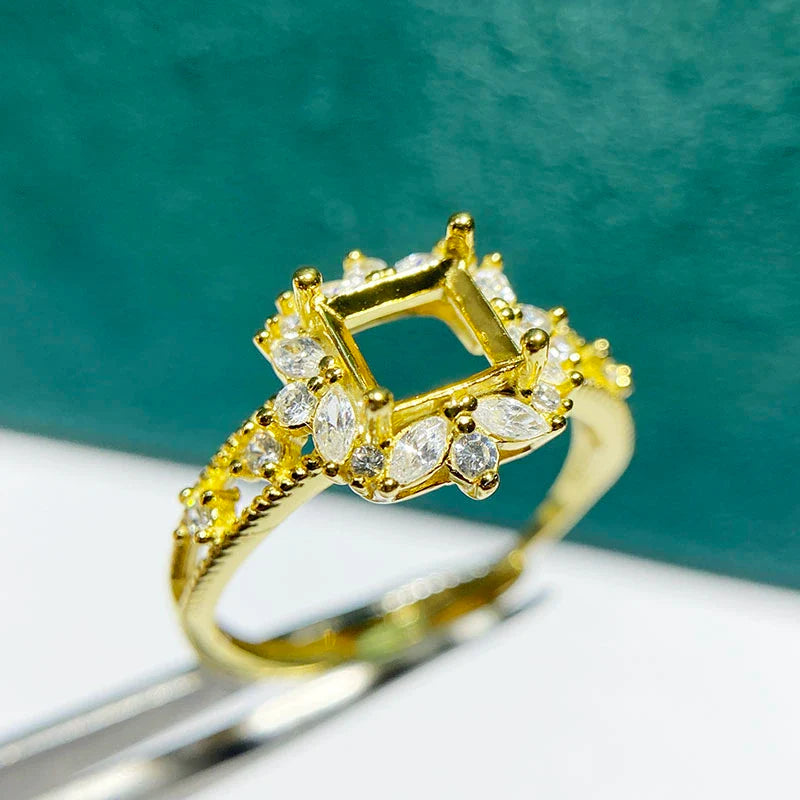 Square 6×6 mm S925 Sterling Silver Ring Setting, Adjustable, Unset, For Women, Fashion Style