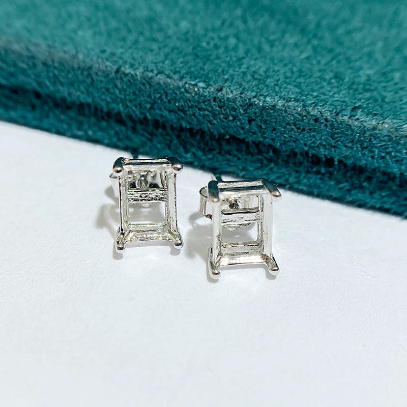 3×4 / 4×6 / 5×7 / 6×8mm Rectangular S925 Silver Stud Earring Settings, Simple Prong Design