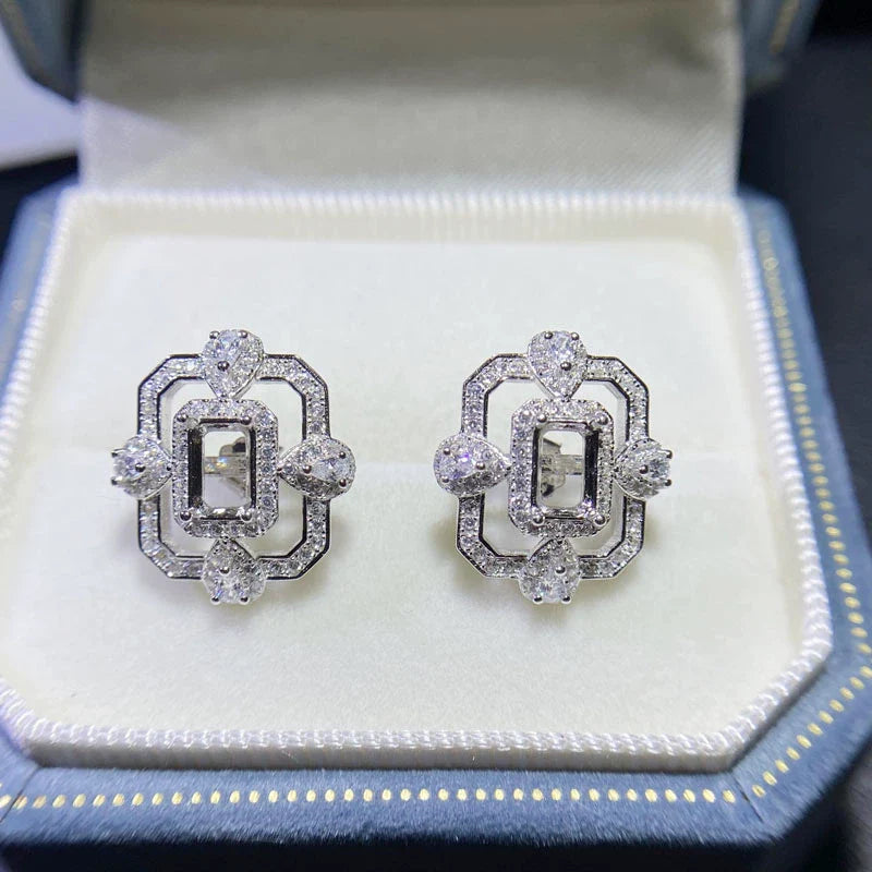 Rectangle 6×8 mm / 4×6 mm S925 Sterling Silver Jewelry Setting Set, Ring / Pendant / Earring, Adjustable, Unset, For Women