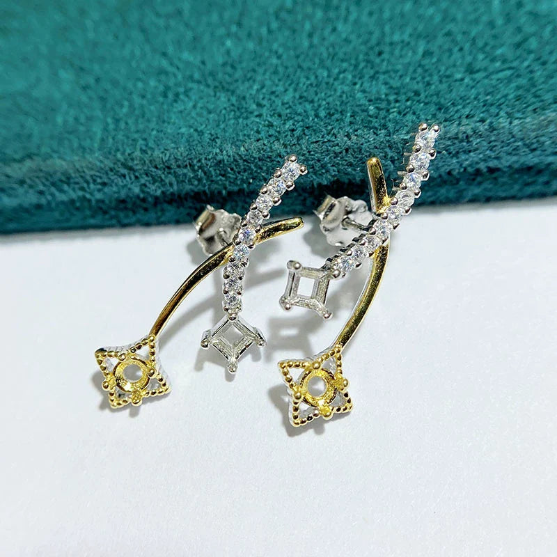 Square S925 Sterling Silver Earring Setting, Unset, For Women, Fashion Style