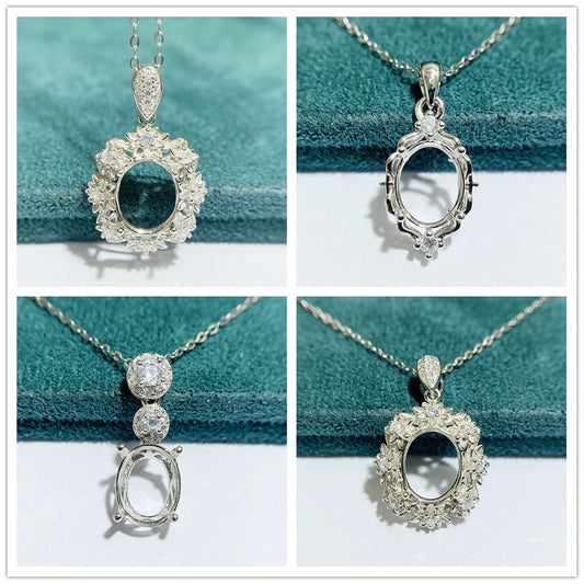 8×10mm Oval S925 Silver 3D Flower Pendant Setting for Gemstone Mounting