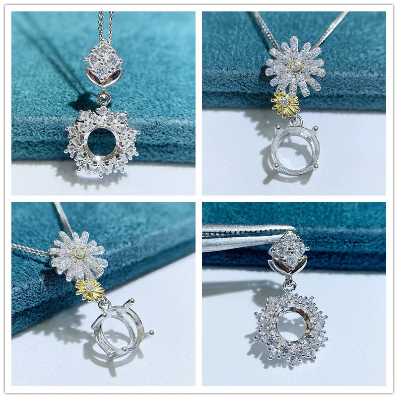 S925 Sterling Silver Round, Flower 8 mm Pendant Setting for DIY Jewelry Making