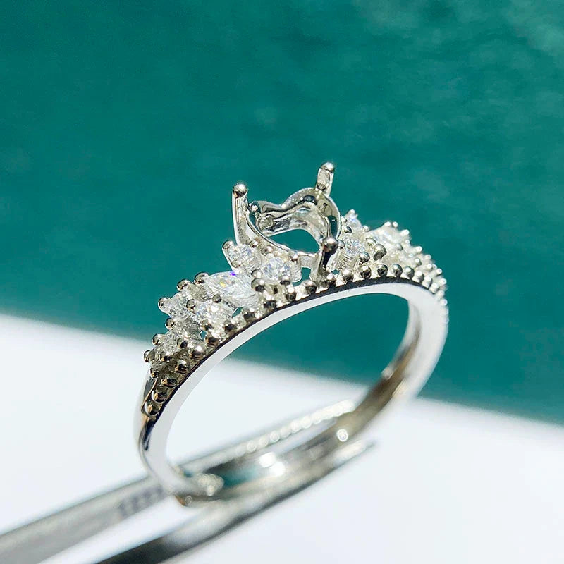 Heart 5 mm / 6 mm S925 Sterling Silver Ring Setting, Adjustable, Unset, For Women