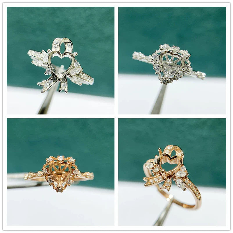 S925 Sterling Silver Heart, Bowknot 6×6 mm Ring Setting for DIY Jewelry Making