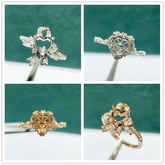 S925 Sterling Silver Heart, Bowknot 6×6 mm Ring Setting for DIY Jewelry Making