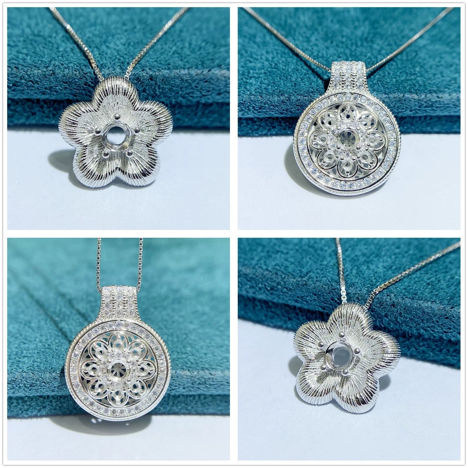 S925 Sterling Silver Round, Flower 2×2 mm, 4×4 mm Pendant Setting for DIY Jewelry Making