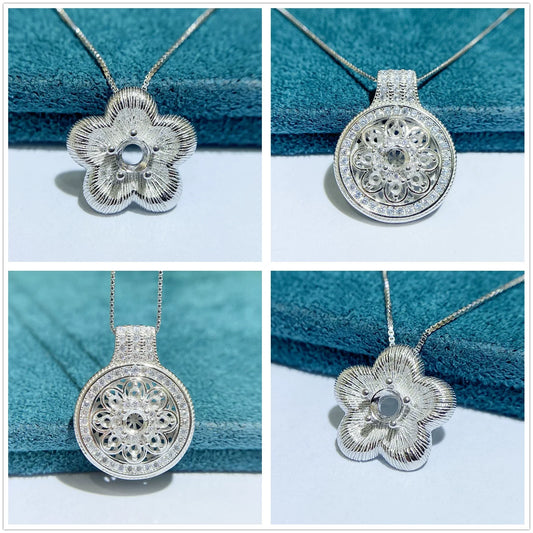 S925 Sterling Silver Round, Flower 2×2 mm, 4×4 mm Pendant Setting for DIY Jewelry Making