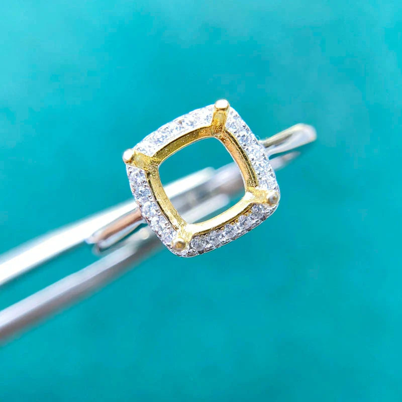 Square S925 Sterling Silver, 18K Gold Plated Ring Setting, Unset, For Women