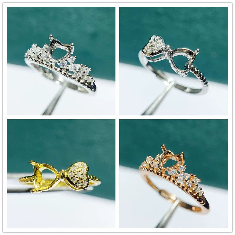 S925 Sterling Silver Heart, Bowknot 5 mm, 6 mm Ring Setting for DIY Jewelry Making