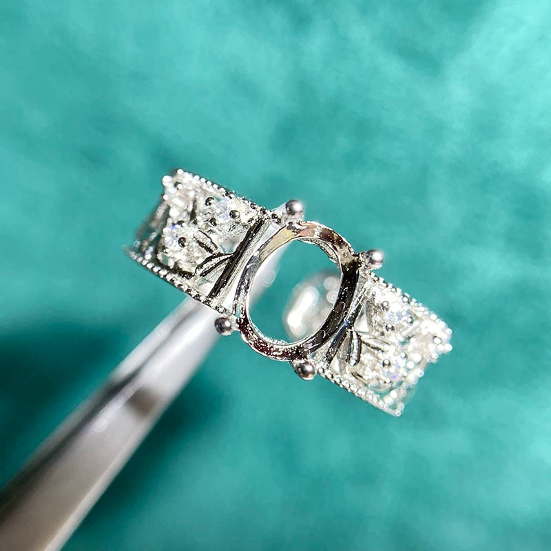 6×8mm Oval S925 Silver Adjustable Ring Setting for Gemstone Mounting