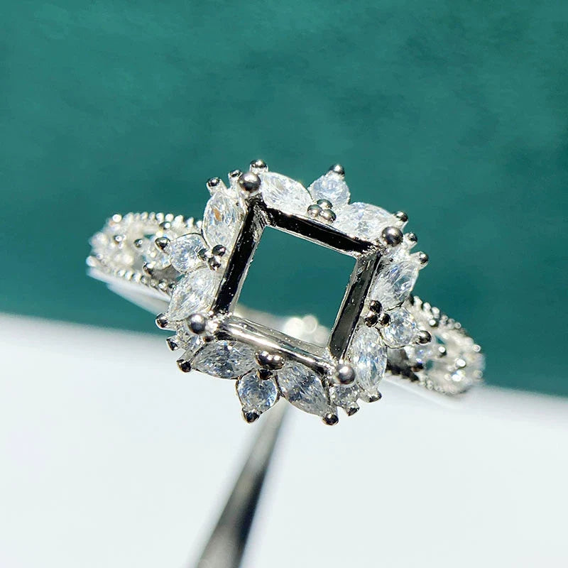 Square 6×6 mm S925 Sterling Silver Ring Setting, Adjustable, Unset, For Women, Fashion Style