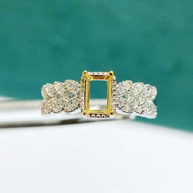 Rectangle 4×6 mm S925 Sterling Silver Ring Setting, Adjustable, Unset, For Women, Fashion Style, Light Luxury